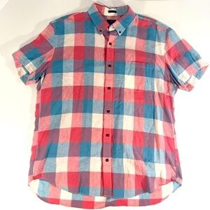 J. CREW Cotton/Linen Shirt Blend Short Sleeve Button-Up Checked Shirt Size XL